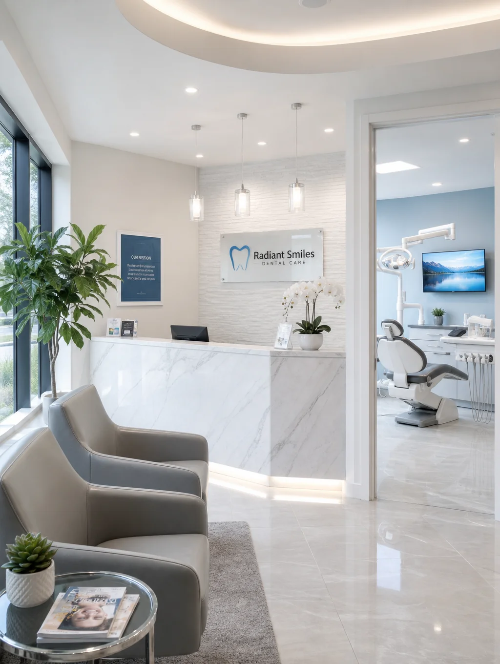 Sunlit patient lounge and natural wood reception area at ENAMEL dental clinic