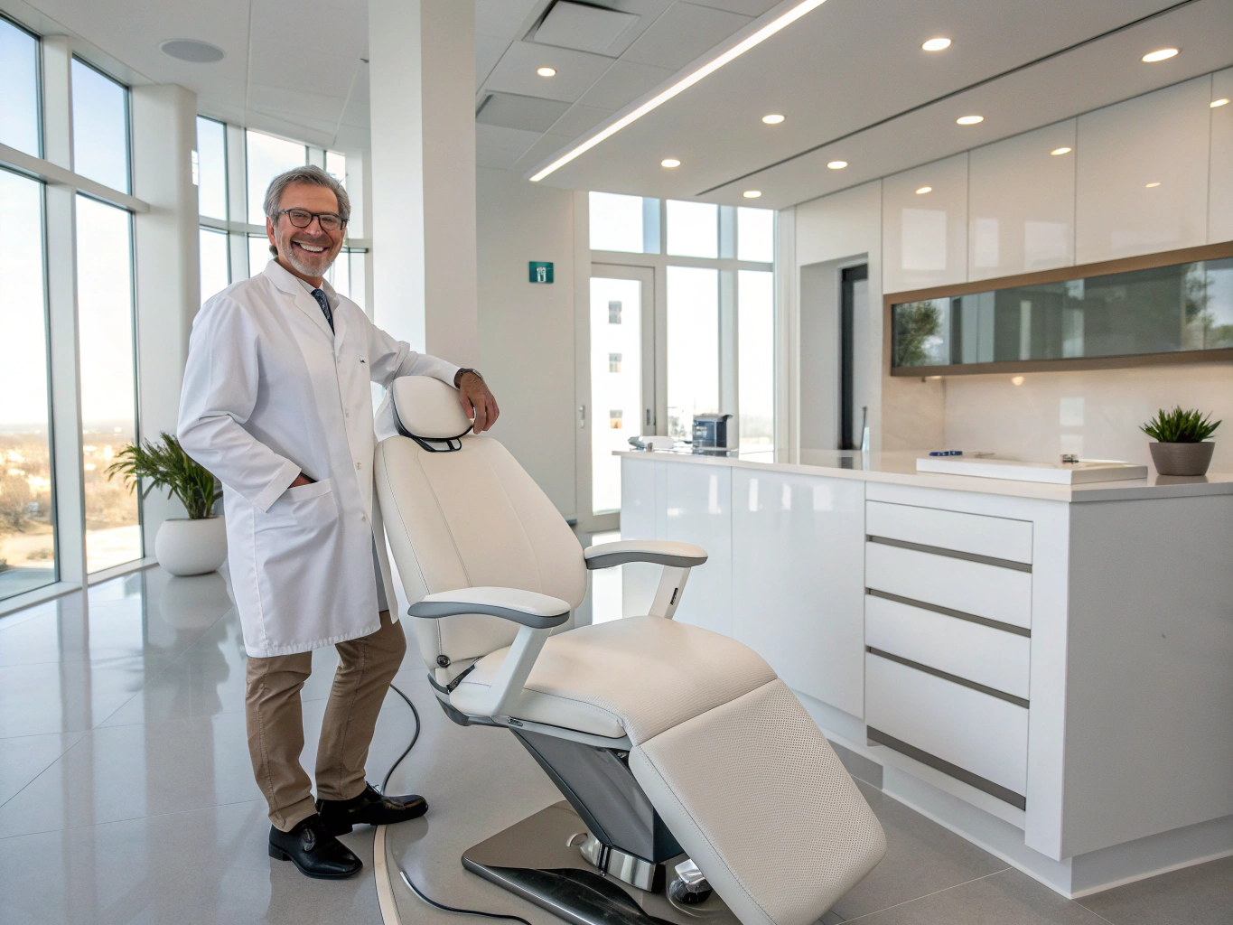Friendly dentist consultation in a light-filled modern clinic