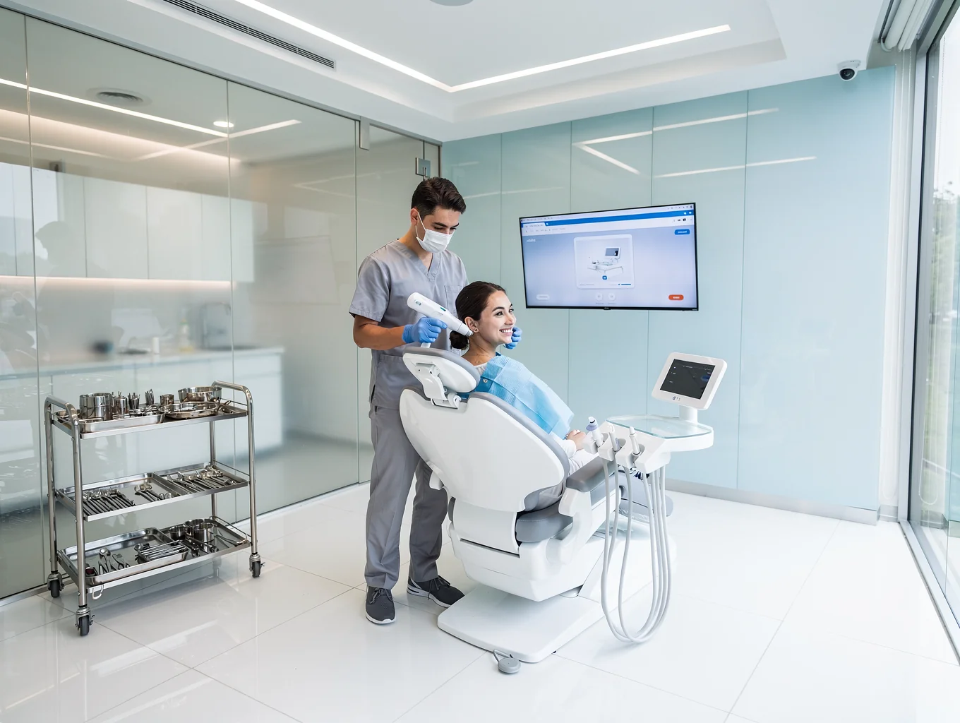 Modern low-radiation digital dental scanner inside clean clinical room