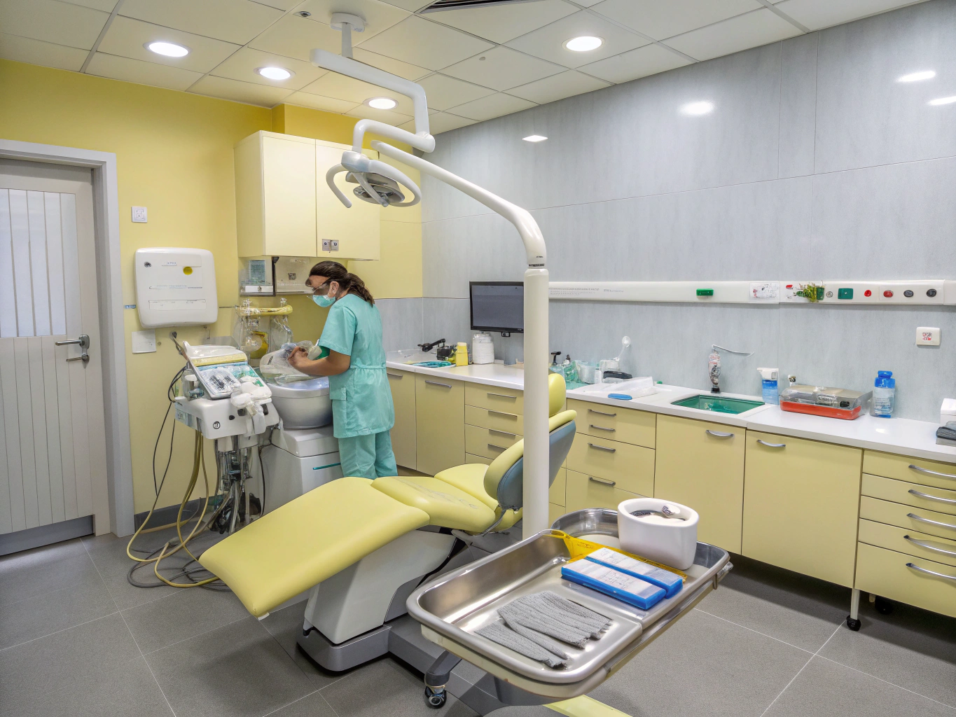 Emergency dental clinician preparing soothing restorative care in a calm treatment bay