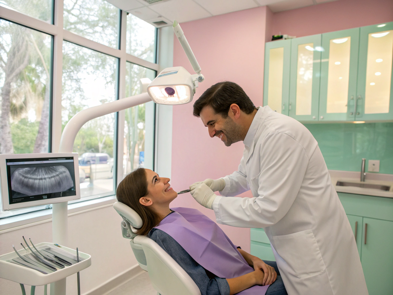 Dentist performing a gentle dental checkup in a bright, modern clinic room