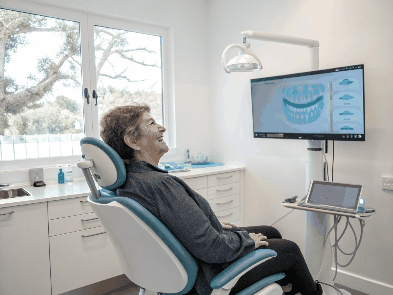 Orthodontist assessing digital alignment scans with an adult patient